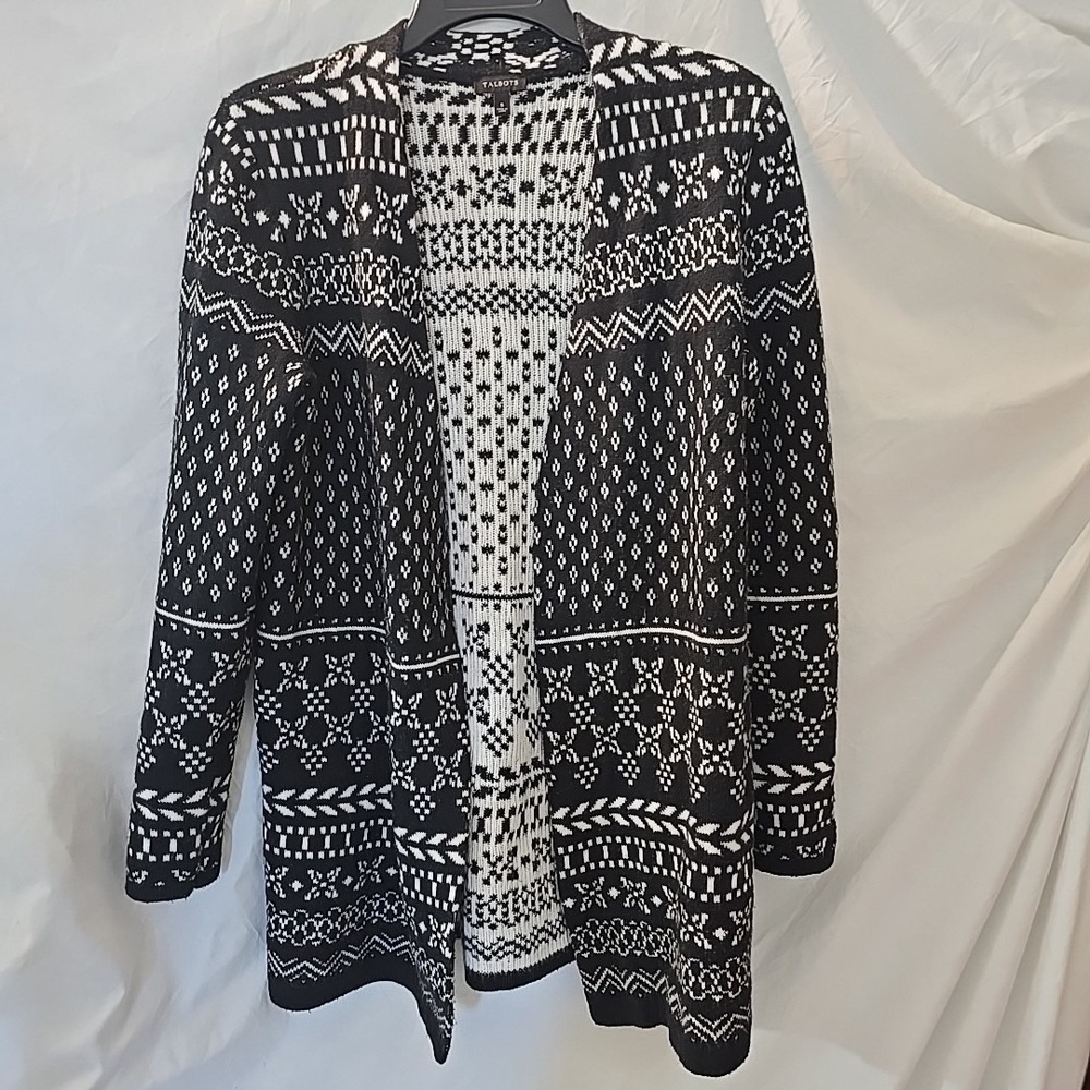 Talbots Black and White‎ Fair Isle Knit Cardigan Sweater Open Women's Size S